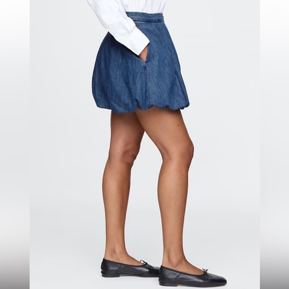 GAP Denim Chambray Bubble Mini Skirt Women’s Medium Indigo Pleated Button Front - Picture 3 of 14